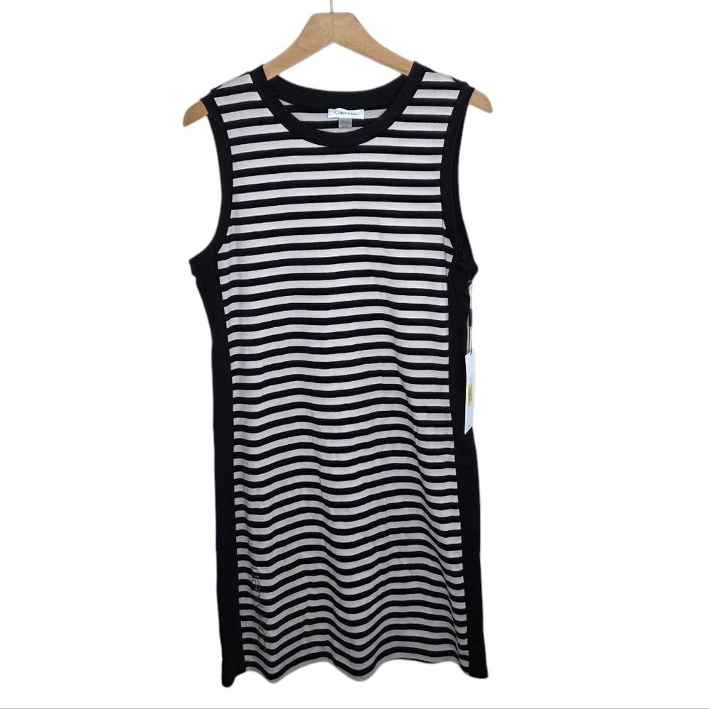NWT Calvin Klein Black & Tan Striped Sleeveless Tank Dress Size Medium